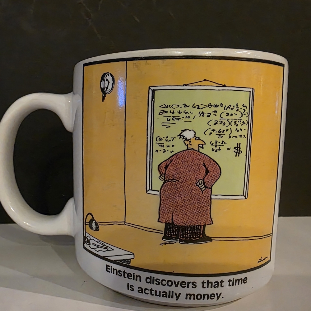 The Far Side 1985 Vtg 10 Oz Mug " Einstein Discovers Time is Actually Money"
